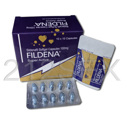 Embalagem de Fildena Super Active com cápsulas moles azuis