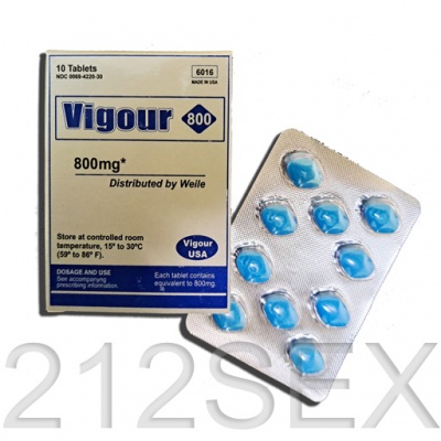 Caixa e blister com comprimidos Vigour 800 mg azuis