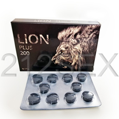 Embalagem LION PLUS 200 com leão e blister com comprimidos pretos