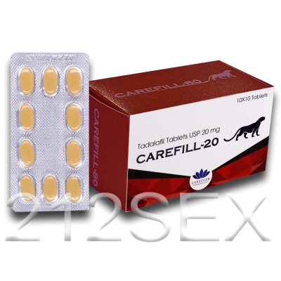 Medicamento CAREFILL-20 em caixa vermelha e branca com blister de 10 comprimidos amarelos