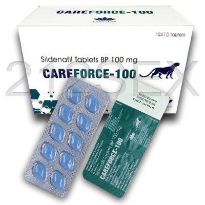 Medicamento CAREFORCE-100 com comprimidos azuis e embalagem branca