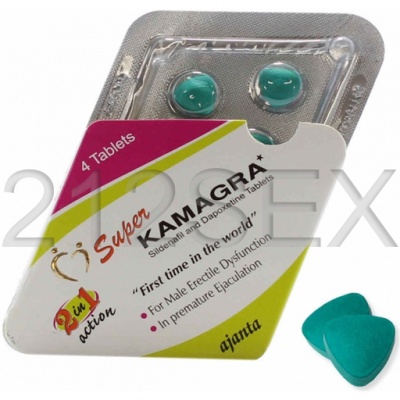 Embalagem de comprimidos Super Kamagra+ com 4 unidades verdes