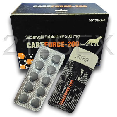 Embalagem preta CAREFORCE-200 e cartuchos de comprimidos redondos