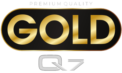 Emblema com texto 'PREMIUM QUALITY GOLD Q7' em dourado e prateado