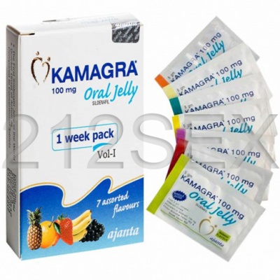 Caixa de Kamagra Oral Jelly com sachês coloridos e frutas na embalagem