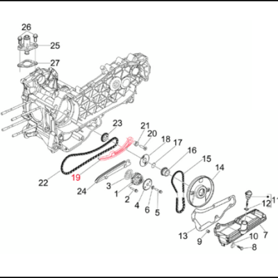 Diagrama explosivo de partes do motor com números de peças e corrente destacada em vermelho.