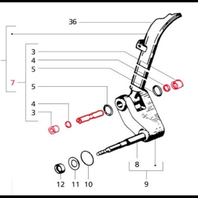 Desenho técnico de peça mecânica com componentes numeradas