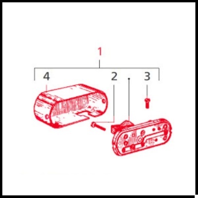 Desenho técnico em vermelho de componentes mecânicos numerados