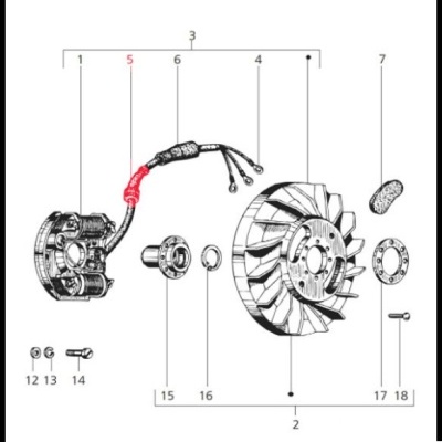 Desenho técnico de peças mecânicas numeradas sobre fundo branco