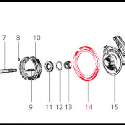 Diagrama técnico de peças mecânicas numeradas, com destaque vermelho na peça 14