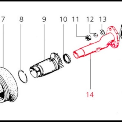 Peças mecânicas desenhadas e numeradas, com uma peça em vermelho destacada