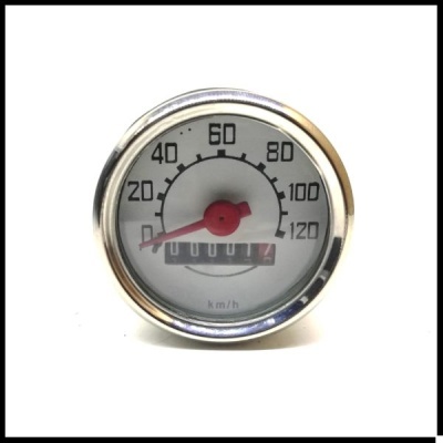 Velocímetro redondo com mostrador branco e aro prateado