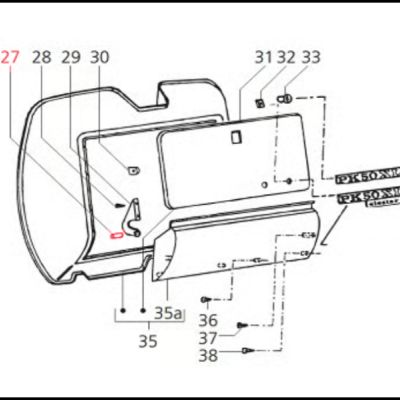 Desenho técnico de peça automóvel com diversas partes numeradas e etiquetas PK 50 NTC