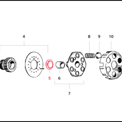 Diagrama técnico de peças mecânicas numeradas, com uma peça realçada a vermelho.