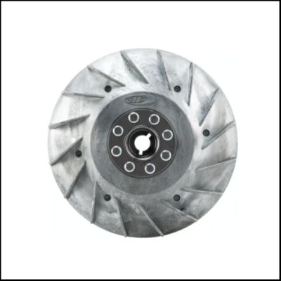 Roda de metal cinzento com ventilação em espiral e orifícios circulares ao centro