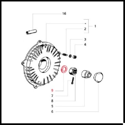 Desenho técnico de componentes mecânicos numerados, incluindo disco circular com aletas e vedante vermelho.