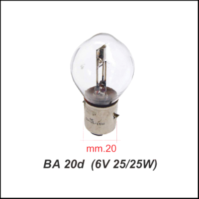 Lâmpada incandescente com base metálica e texto BA 20d (6V 25/25W)