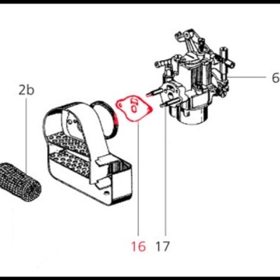 Desenho técnico com peças mecânicas numeradas 2b, 6, 16 e 17
