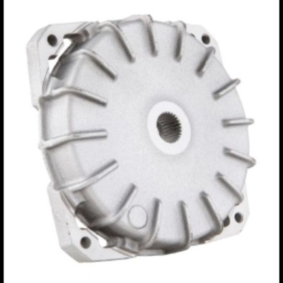 Peça metálica circular prateada com furo dentado central e oito saliências radiais