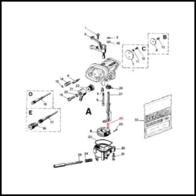 Diagrama técnico de peças mecânicas desmontadas com texto DEllORTO SPARE PARTS