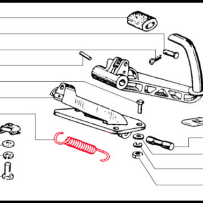 Diagrama técnico de conjunto mecânico com peças numeradas e mola vermelha