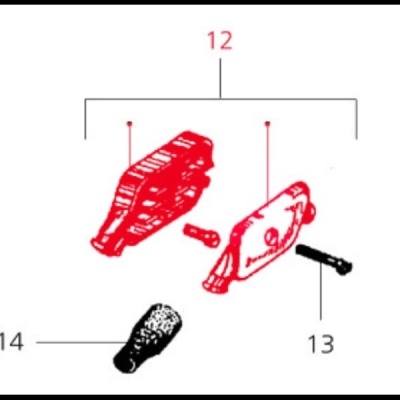 Componentes numerados de um dispositivo em vermelho e preto com parafuso e cabo