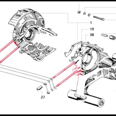 Desenho técnico de componentes mecânicos com linhas vermelhas de destaque e números de peças.