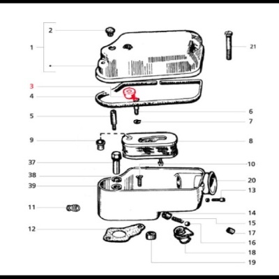 Diagrama técnico de peças de motor numeradas em preto e branco com destaque vermelho no número 3
