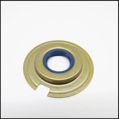 Anel de proteção metálico dourado com junta azul e ranhura no bordo inferior