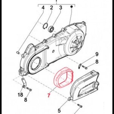 Desenho técnico de peças mecânicas numeradas com uma peça em destaque a vermelho.