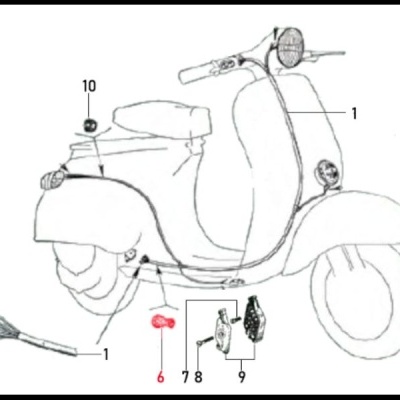 Desenho técnico de scooter com peças numeradas e cabo exposto
