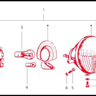 Desenho técnico vermelho de peças mecânicas numeradas