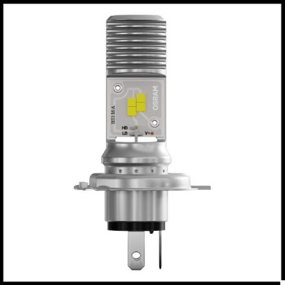 Lâmpada LED automóvel OSRAM prateada com dissipador de calor e componentes visíveis