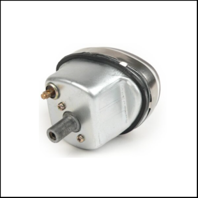 Instrumento metálico prateado com rosca preta e porca dourada em fundo branco