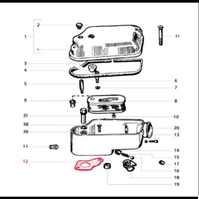 Desenho técnico de peça mecânica com partes numeradas e peça 12 destacada em vermelho