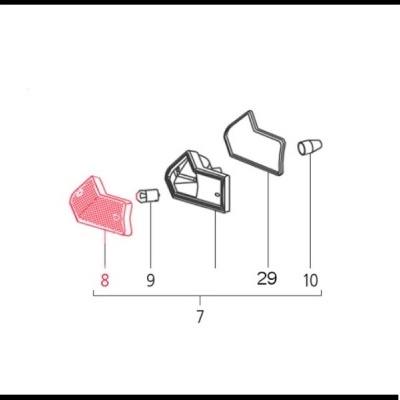 Esquema técnico de peças com uma peça vermelha e números identificativos