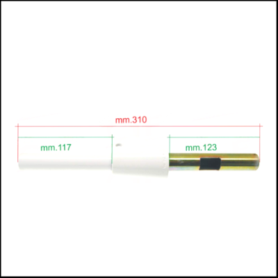 Componente metálico e branco com medidas em milímetros