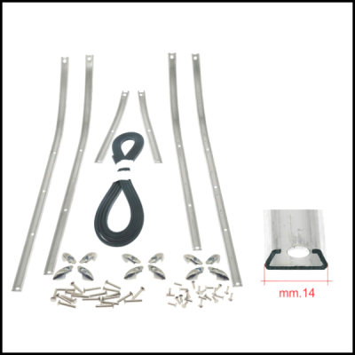 Conjunto metálico com tiras curvas e retas, correia preta e parafusos com medida mm.14.