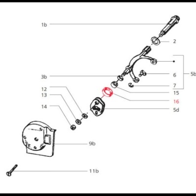 Desenho técnico de mecanismo com peças numeradas e alavanca