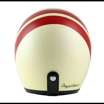 Capacete de moto creme com faixas vermelhas e assinatura 'Original Helmet'