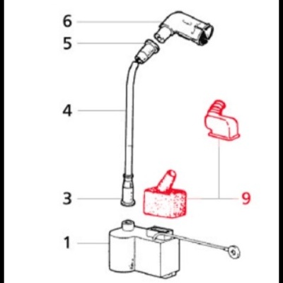 Desenho técnico de peça mecânica numerada em seis partes e duas destacadas a vermelho