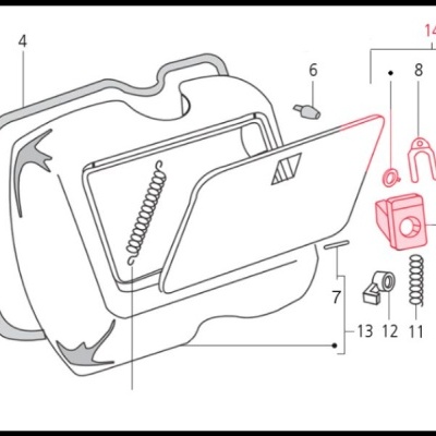 Desenho técnico de uma mala com várias peças numeradas
