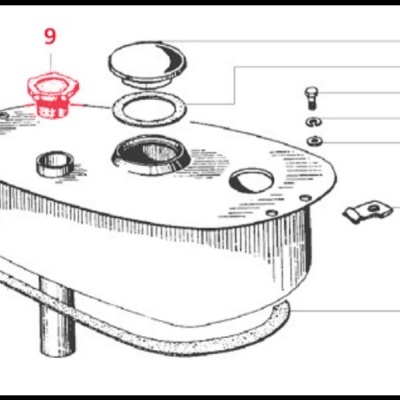 Esquema de componente mecânico com peças numeradas e destaque no número 9