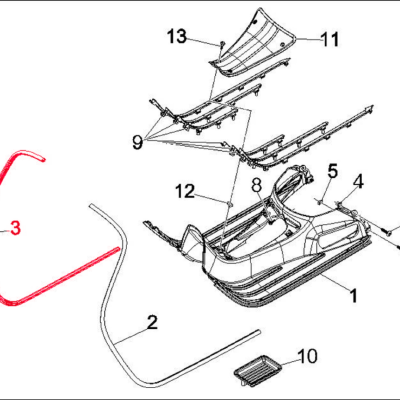 Esquema técnico de peças numeradas de veículo ou máquina em montagem desconstruída.