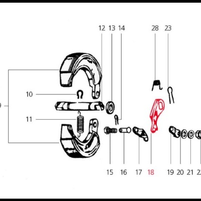 Desenho esquemático de peças mecânicas com alavanca vermelha numerada