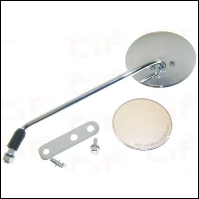 Espelho retrovisor redondo cromado com braço metálico e acessórios