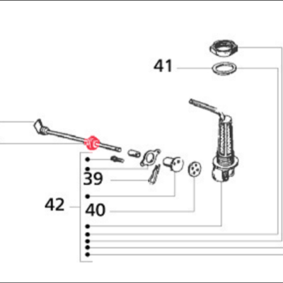 Diagrama técnico de peças mecânicas numeradas e alavanca de controlo