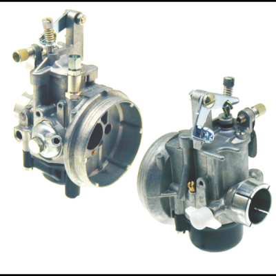 Dois carburadores metálicos para motor em fundo branco