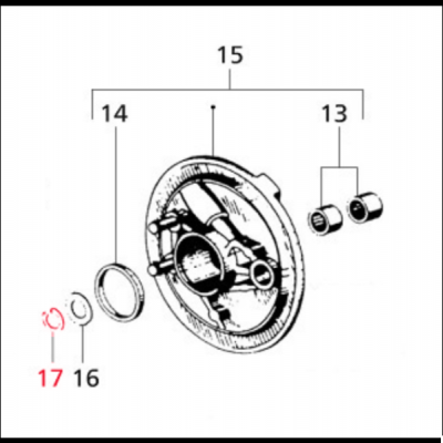 Desenho técnico peça mecânica circular com componentes numerados