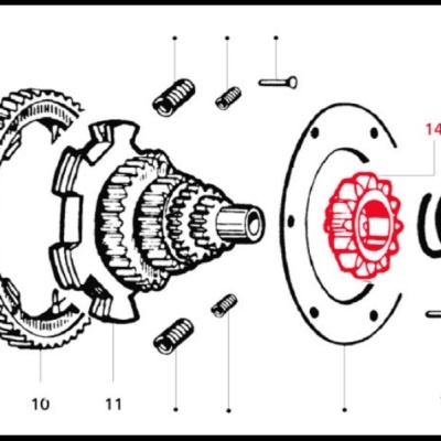 Engrenagens metálicas e componentes mecânicos numerados em esquema de montagem
